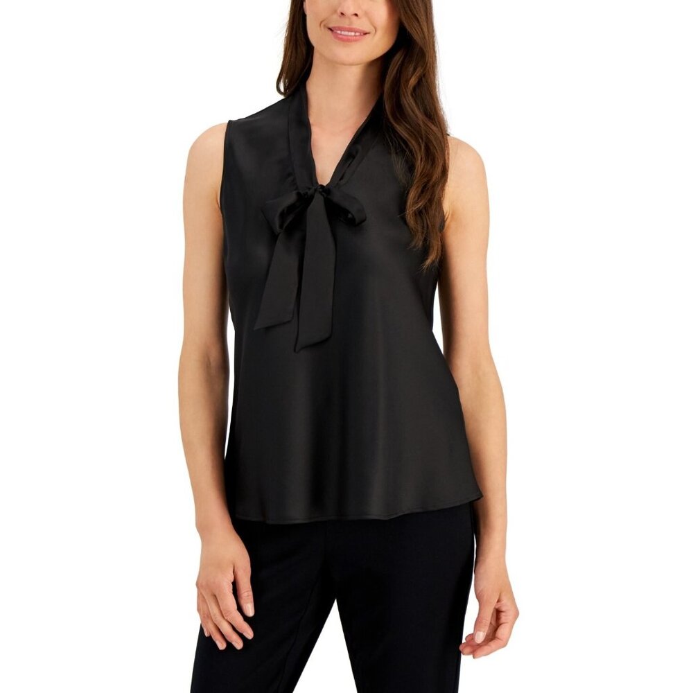 Kasper Women's Sleeveless Matte Satin Tie-Neck Blouse Black Size S MSRP $59